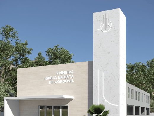 Perspectiva externa da fachada da Primeira Igreja Batista em Cordovil
